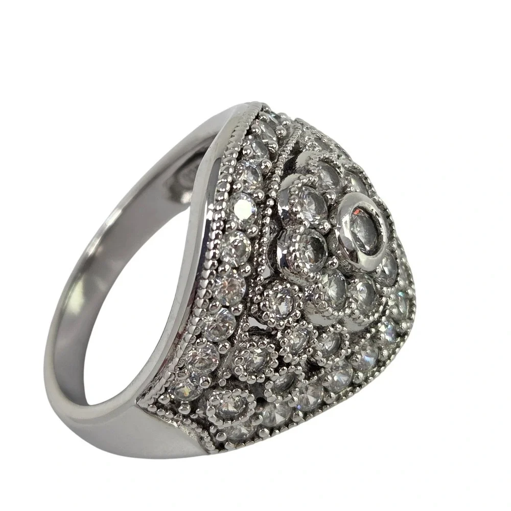 Vintage Sterling Silver Rhodium CZ Flower Dome Cocktail Statement Ring Size‎ 8